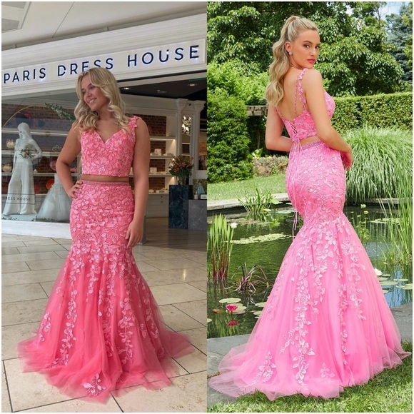 MORI LEE Bright Pink 2 Piece Floral Sparkly Lace Up Prom Gown - Picture 1 of 13